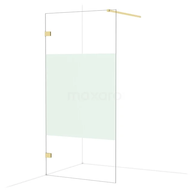 Glass shower wall with a matte white strip, brass accents and corner design, ideal for a modern bathroom.
