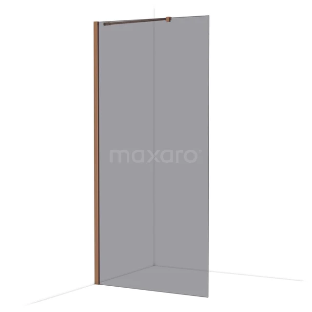 Diamond Walk-in shower | 100 cm Glanzend koper Smoke glass Fixed wall IDA10211GKP Inloopdouche met helder glas, slanke zwarte profielen en houtaccent, ideaal voor een moderne badkamerstijl.