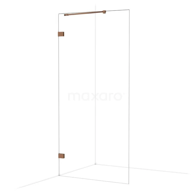 Diamant begehbare Dusche 100cm Kupfer glänzend Klarglas Festwand IDA10220GKP Glas Duschwand Eckaufstellung mit Matt Schwarz Scharnieren und Stabilisationsstange, modern und stilvoll Badezimmerdesign.