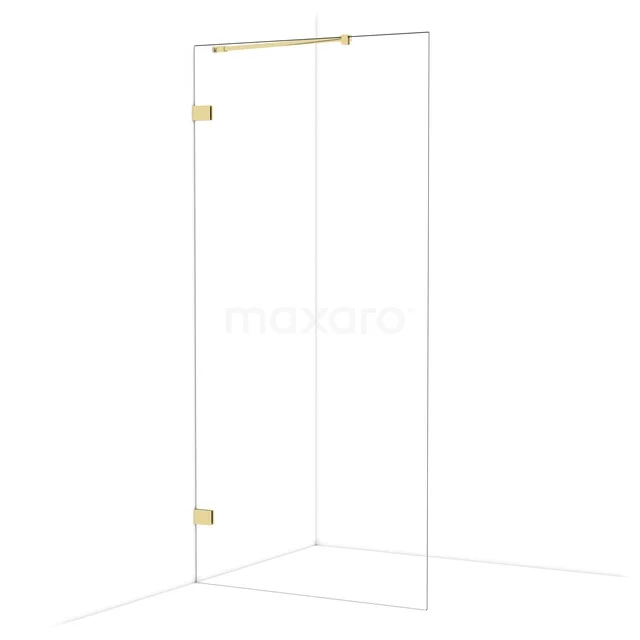 Glass shower wall with gold-coloured hinges, minimalist design, ideal as a stylish addition for the bathroom.