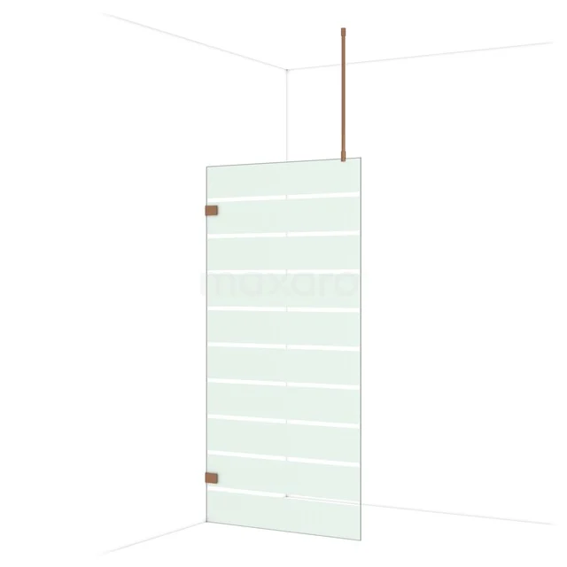 Glas Duschwand mit matten Streifen, klarer Eckmontage und Messingdetails, ideal für ein modernes Badezimmer.