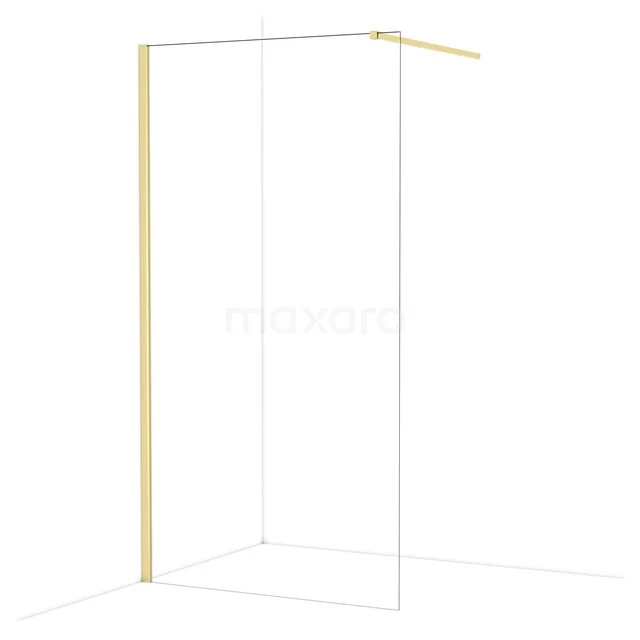 Minimalist shower wall with gold-coloured frame, transparent glass and corner setup, ideal for modern bathroom designs.