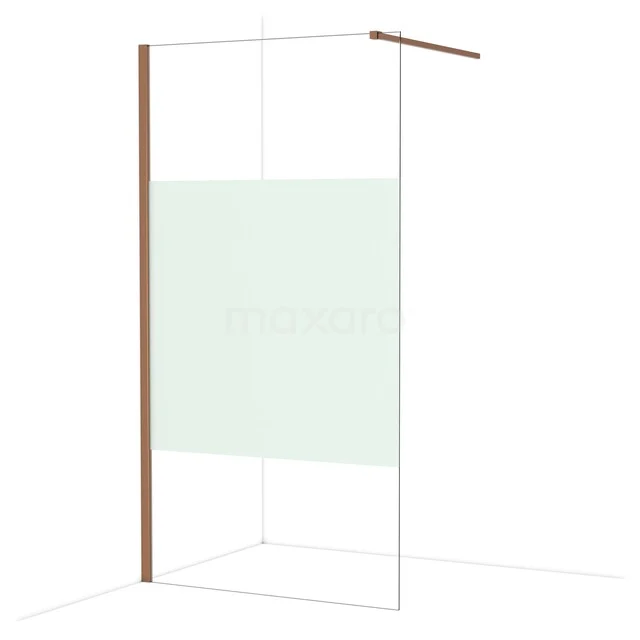 Douchewand met helder glas, mat wit paneel, houten profiel en zijsteun; moderne designoplossing voor de badkamer.