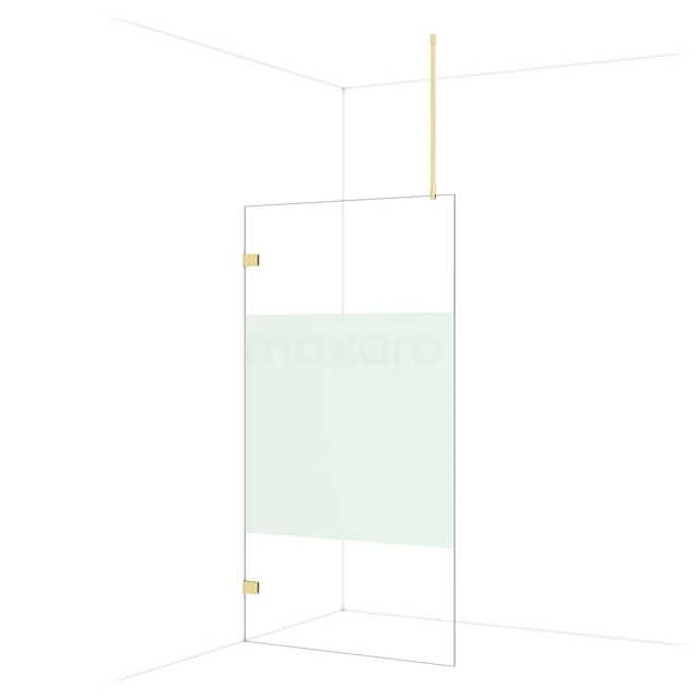 Glazen douchewand met matglas paneel, goudkleurige scharnieren en stijlvolle design voor een moderne badkamer.