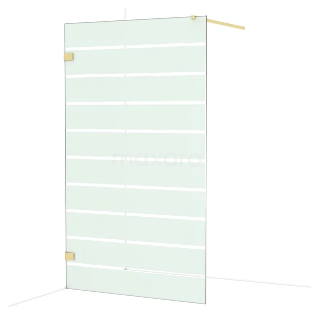Glazen douchewand met mat witte strepen en goudkleurige details, ideaal voor een moderne badkamer inrichting.