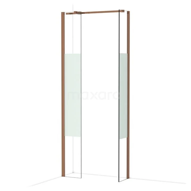 Duschwand mit Eckaufstellung, Glas und Holzprofilen, ideal für eine moderne Badezimmergestaltung.