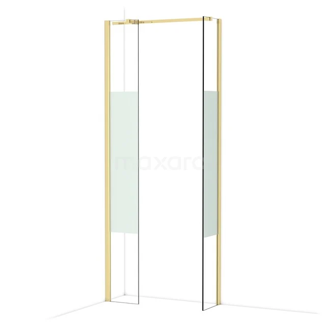 Shower enclosure with gold-coloured frame and clear glass, modern design, ideal for stylish bathroom interiors.