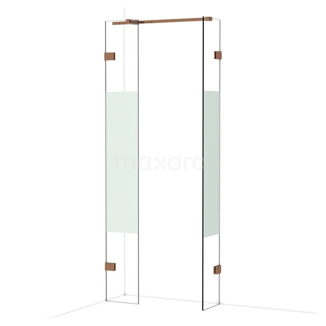 Glazen douchedeur met koperkleurige scharnieren, matglasdetails en strak design, perfect voor een moderne badkamer.