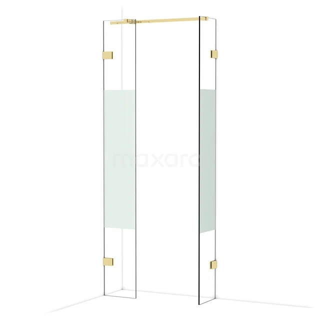 Glazen douchedeur met mat goudkleurige scharnieren, minimalistisch design, ideaal voor een moderne badkamer.