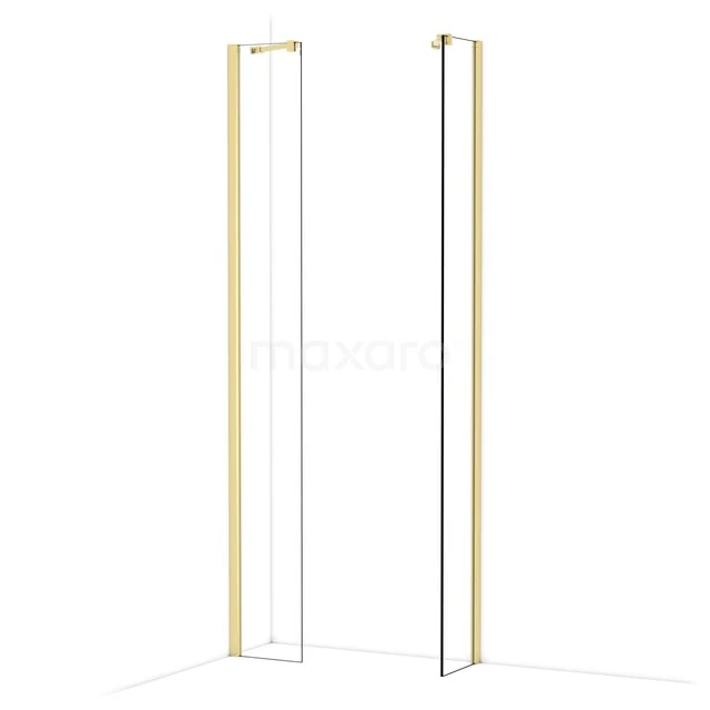 Wall-mounted shower screen with brass details, glass panels and minimalist design for modern bathrooms.