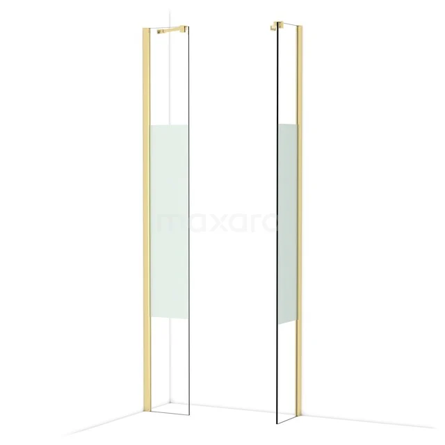 Glazen douchewand met goudkleurig frame, modern design, ideaal voor een stijlvolle badkamer inrichting.