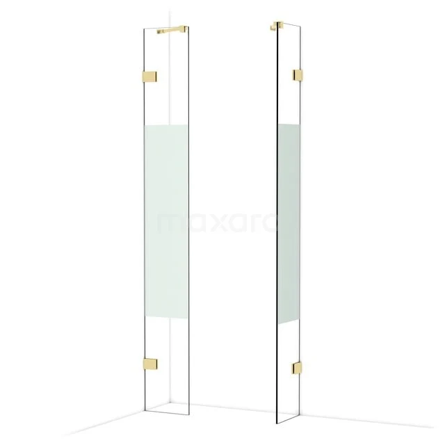 Glass shower wall with gold-coloured hinges and a matte white panel, ideal for a modern bathroom design.
