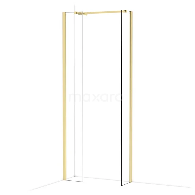 Duschbereich mit goldfarbenem Rahmen, transparentem Glas und eckigem Design, ideal für eine stilvolle Badezimmergestaltung.