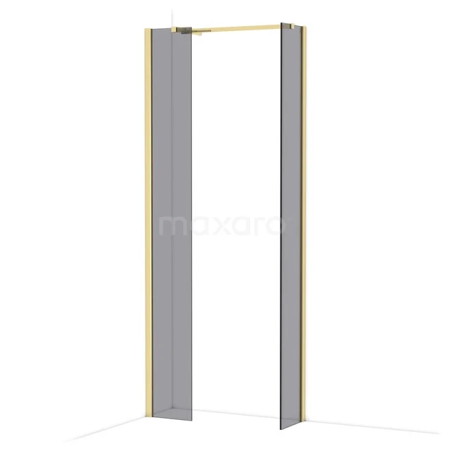 Diamond Walk-in shower | 30x30 cm Glossy light gold Smoke glass 2 fixed walls IDB0303511GLG Grijze aluminium douchedeur met mat glas, minimalistisch design; ideaal als ruimtebesparende badkameroplossing.
