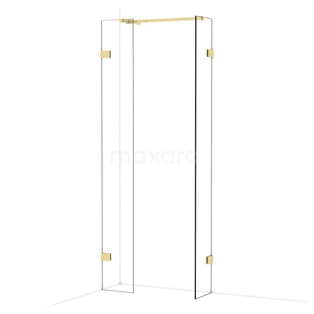 Glass shower door with gold-coloured hinges, sleek design, ideal for modern bathrooms.