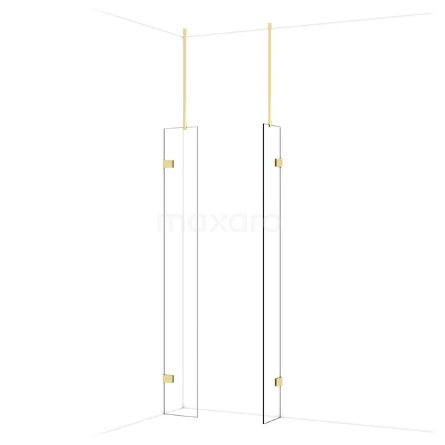 Glass shower wall with gold details, minimalist design, perfect addition to a modern bathroom.