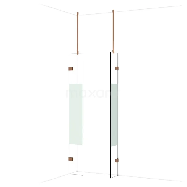 Diamond Walk-in shower | 30x30 cm Shiny copper Clear with matt strip 2 fixed walls IDB0303923GKP Witte glazen douchewand met minimalistisch design en koperen accenten, ideaal voor een moderne badkamer.