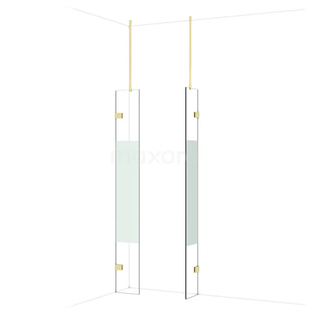 White glass shower wall with gold accents, sleek and modern design, ideal for a stylish bathroom.