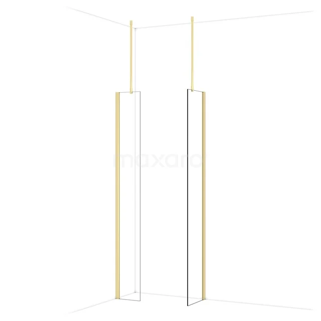 Minimalistische Duschwand mit goldfarbenen Akzenten, Eckmontage und transparentem Glas, perfekt für ein modernes Badezimmer.
