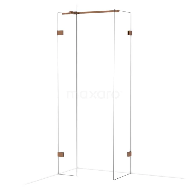 Glasene Duschwand mit Schiebetür, transparent mit bronzefarbenen Akzenten, modernes Design für luxuriöse Badezimmergestaltung.