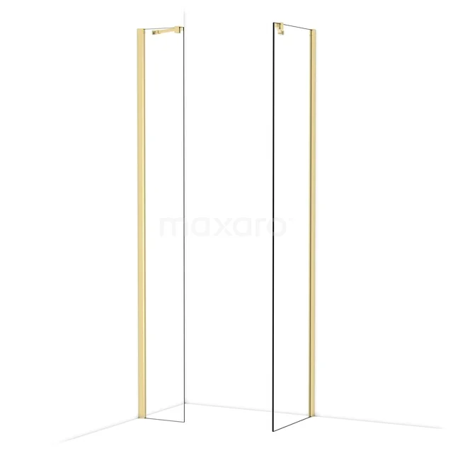 Gouden douchewand met strak frame en minimalistisch design, ideaal voor een moderne badkamerinrichting.