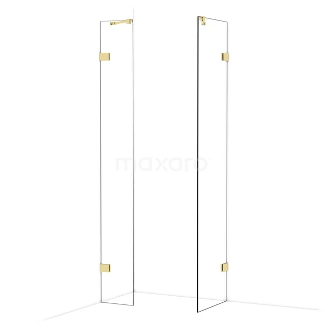 Glas Duschwand mit Goldakzenten, Eckanordnung und minimalistischem Design, ideal für ein stilvolles Badezimmer.
