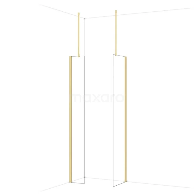 Diamond Walk-in shower | 50x30 cm Glossy light gold Clear glass 2 fixed walls IDB0305910GLG Gouden mat zwarte douchewand met helder glas en strak design, perfect voor een moderne badkamer.