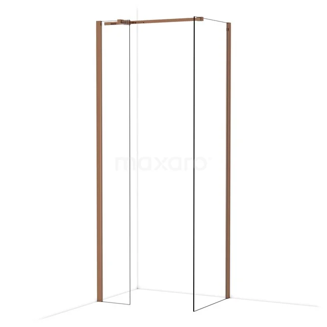 Douchewand met hoekopstelling, helder glas en koperkleurige profielen, perfect voor een moderne badkamer inrichting.
