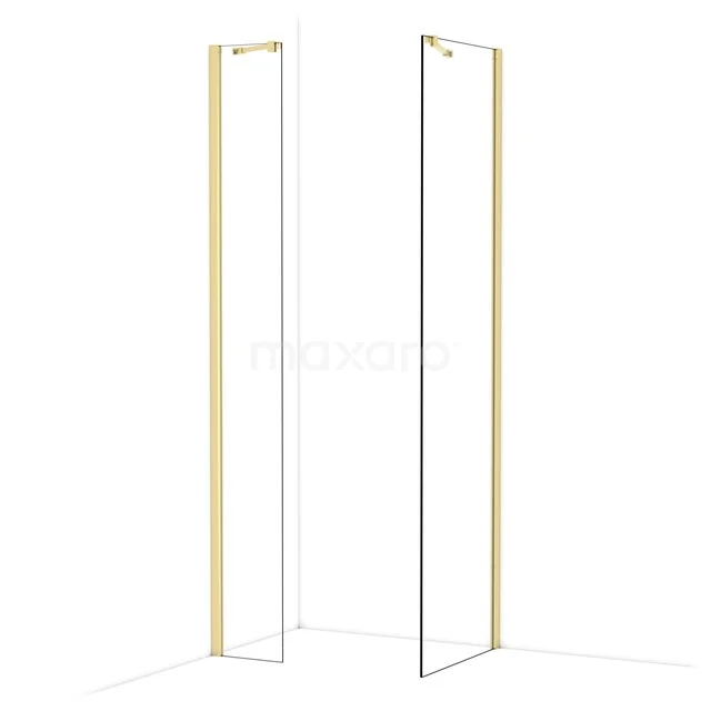 Gouden douchewand met modern minimalistisch design, rechte lijnen, glanzende afwerking en stijlvolle uitstraling voor de badkamer.