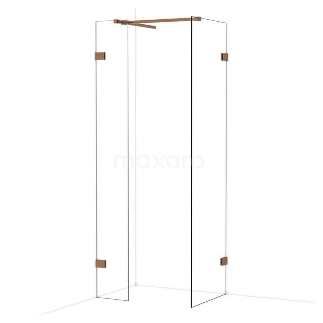 Matglazen douchecabine met koperen scharnieren, minimalistisch design en hoogwaardige afwerking voor moderne badkamers.