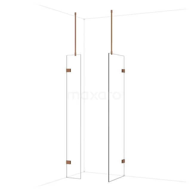 Diamond Walk-in shower | 60x30 cm Shiny copper Clear glass 2 fixed walls IDB0306920GKP Glazen douchewand met hoekopstelling, minimalistisch design, bronskleurige details, ideaal voor een moderne badkamer.