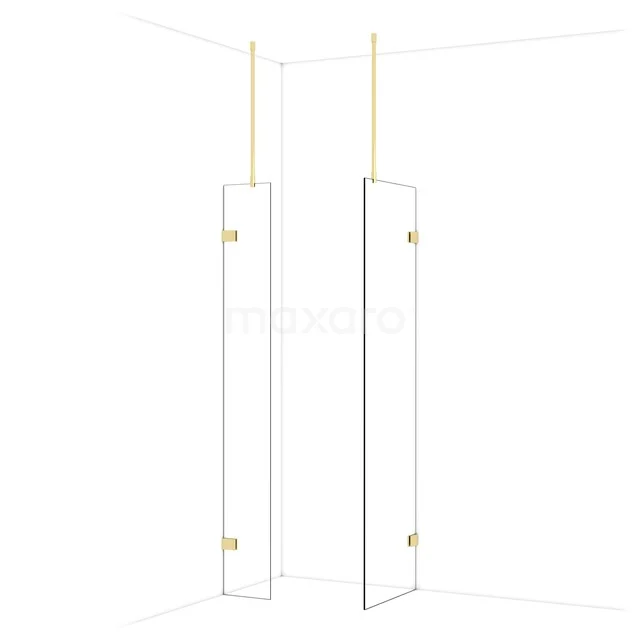 Diamond Walk-in shower | 60x30 cm Shiny light gold Clear glass 2 fixed walls IDB0306920GLG Glass shower wall, transparent with gold-coloured hinges, sleek design for modern bathrooms.