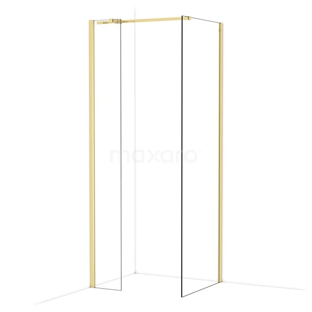 Yellow corner shower wall made of glass and metal, minimalist design, perfect for a modern bathroom decor.