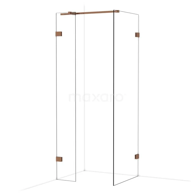 Glazen douchecabine met hoekinstap, transparant glas en messing scharnieren, geschikt voor stijlvolle badkamers.