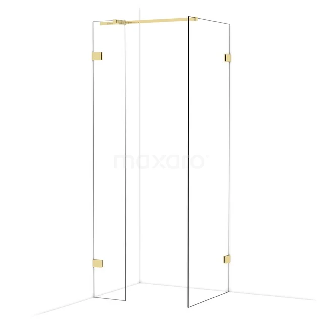 Glass shower wall with gold hinges, sleek design, ideal for modern bathrooms.