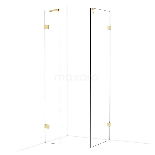 Diamond Walk-in shower | 70x30 cm Glossy light gold Clear glass 2 fixed walls IDB0307420GLG Glazen douchewand met goudkleurige scharnieren, minimalistisch design, ideaal als stijlvolle scheidingswand in de badkamer.