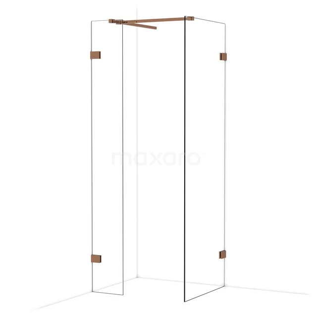 Glas Duschwand mit kupferfarbenen Details, rahmenloses Design, ideal für eine luxuriöse Badezimmergestaltung.