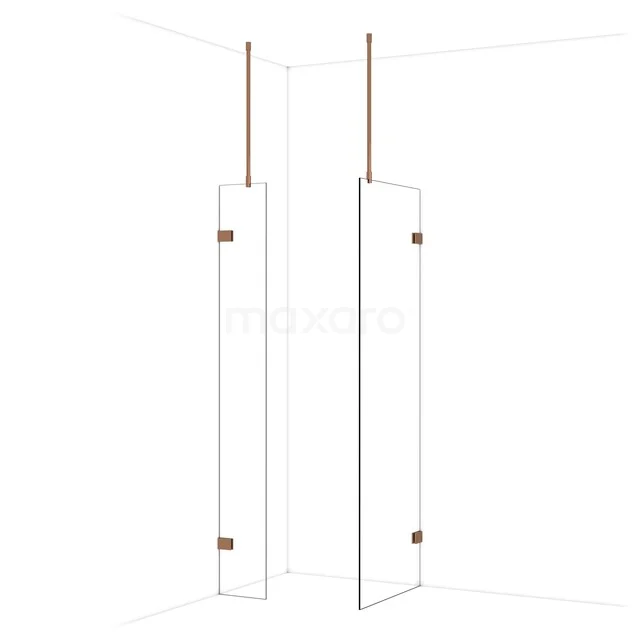 Diamond Walk-in shower | 70x30 cm Shiny copper Clear glass 2 fixed walls IDB0307920GKP Glazen inloopdouche met hoekopstelling, koperaccenten en minimalistisch design voor een moderne badkamer.