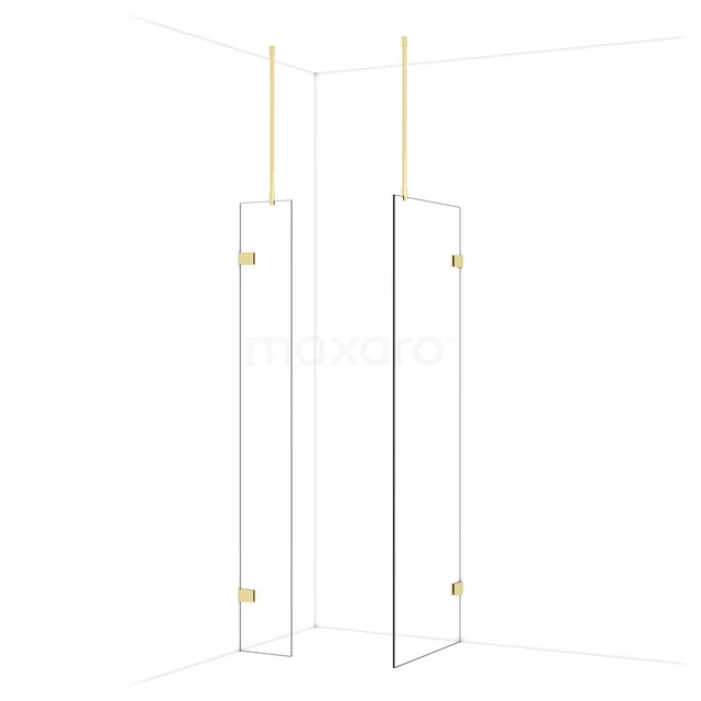 Diamond Walk-in shower | 70x30 cm Glossy light gold Clear glass 2 fixed walls IDB0307920GLG Glazen douchewand met goudkleurige details, minimalistisch design, ideaal voor een moderne badkamer.