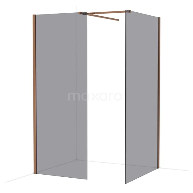 Douchewand met hoekopstelling, matglas en bronskleurige profielen, stijlvol ontwerp voor een moderne badkamer.