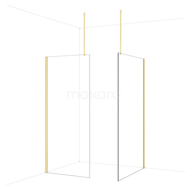 Gouden douchewand met minimalistisch frame, geschikt voor moderne badkamerinrichtingen.