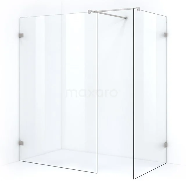 Klares Glas Duschwand, Eckform, rahmenloses Design, ideal für ein modernes Badezimmer. Ausführung mit Edelstahl-Details.