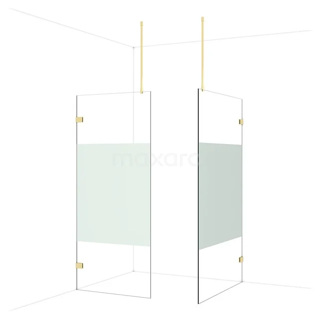 Glass shower wall with gold-coloured supports, transparent design, ideal for a modern bathroom decor.