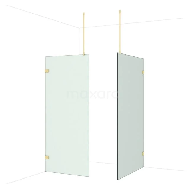 Glazen douchewand, hoekopstelling, helder glas, goudkleurige scharnieren, modern design voor een stijlvolle badkamer.