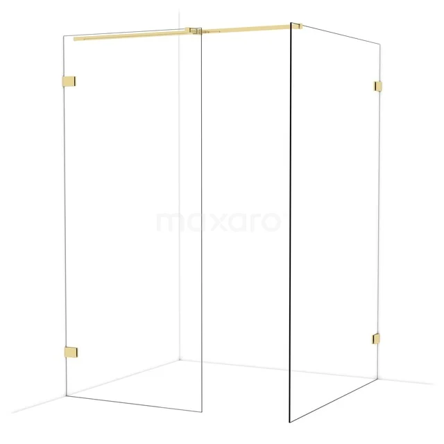 Douchewand van helder glas met goudkleurige scharnieren, moderne hoekopstelling, ideaal voor luxe badkamerdesign.