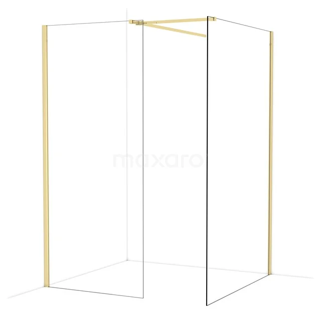 Douchewandset met goudkleurige accenten, strak frameontwerp en hoekopstelling voor een moderne badkamerstijl.