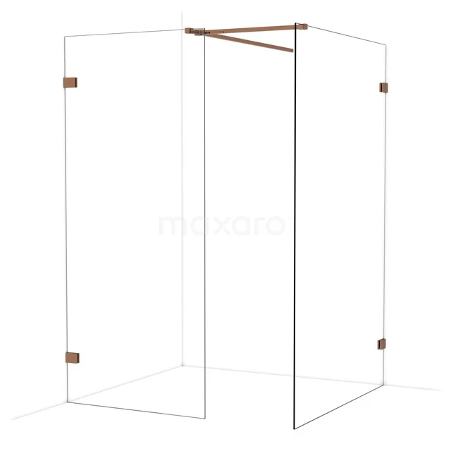Duschwand aus Klarglas mit kupferfarbenen Scharnieren und Befestigung, ideal für einen modernen Badezimmerstil.
