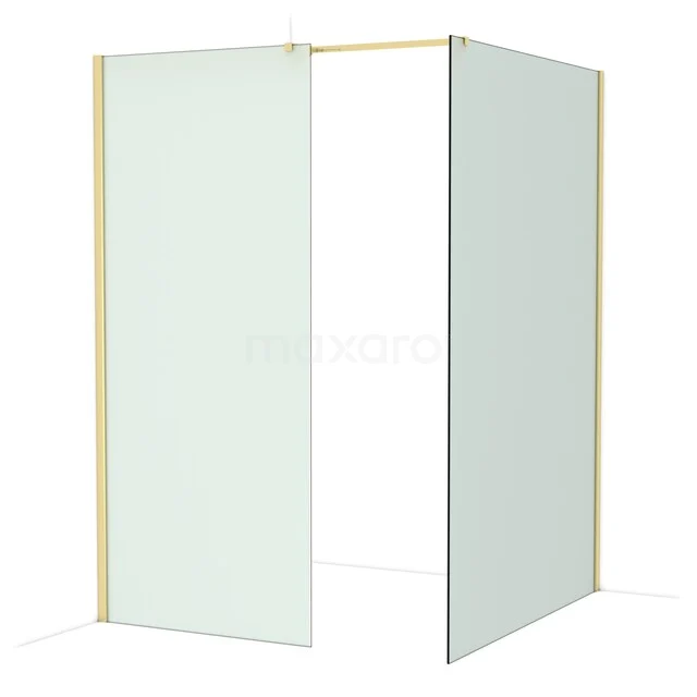 Shower wall with gold-coloured frame, clear glass and corner configuration; modern bathroom solution with luxury details.