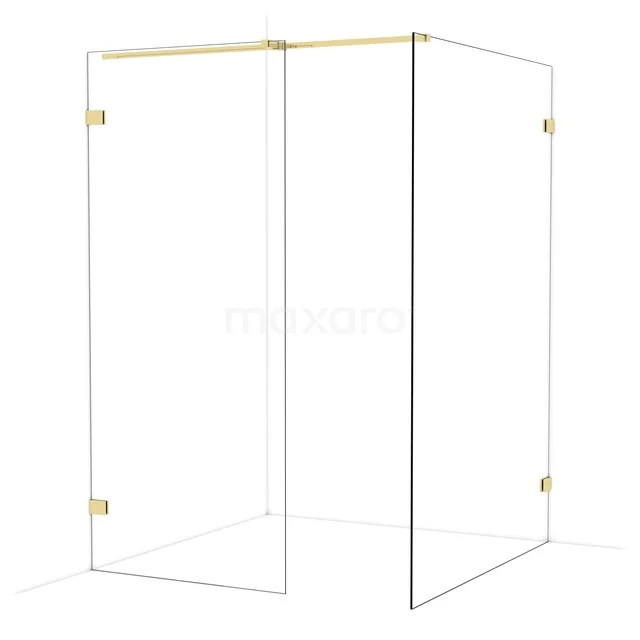 Glass shower wall with gold accents, modern design, ideal for a stylish bathroom decor.