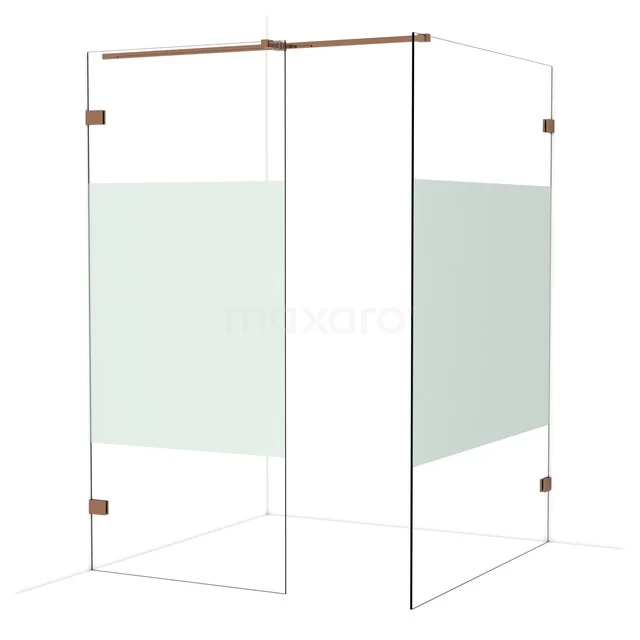 Luxe glazen douchewand met koperkleurige details, matglas accent en modern ontwerp voor een stijlvolle badkamer.